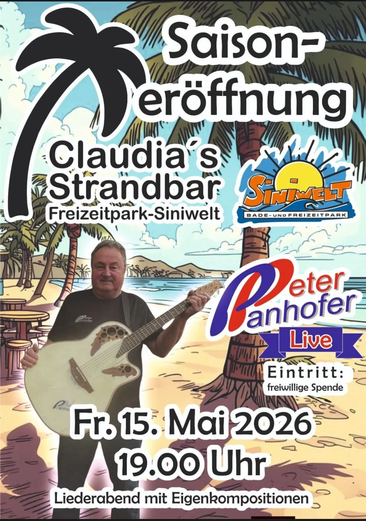 Strandszene mit einem Mann, der vor einer Strandbar Gitarre spielt, datiert auf den 15. Mai 2026.