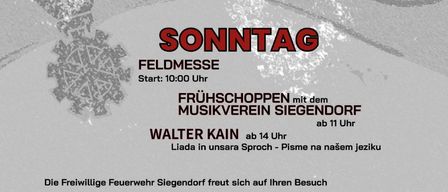 Plakat für Wehr Fest in Siegen Dorf, 12.-13. Juli. Veranstaltungen umfassen Boccia, Wassermelonenschlachten und eine Feuerwehrparty. Daten und Zeiten sind aufgeführt.