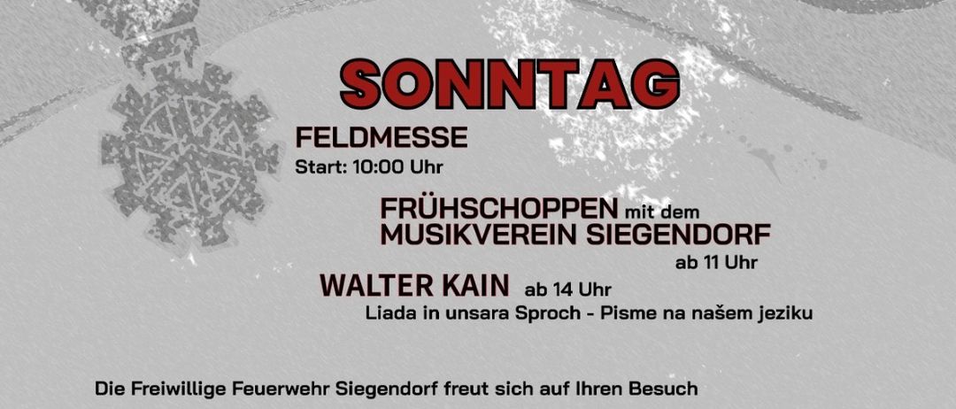 Plakat für Wehr Fest in Siegen Dorf, 12.-13. Juli. Veranstaltungen umfassen Boccia, Wassermelonenschlachten und eine Feuerwehrparty. Daten und Zeiten sind aufgeführt.