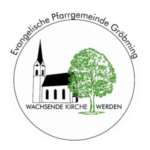 Ein kreisförmiges Logo mit einer Kirche mit Turm und einem Baum, beschriftet mit 'Evangelische Pfarrgemeinde Grobming' und 'Wachsende Kirche Werden'. Der Hintergrund ist schwarz.