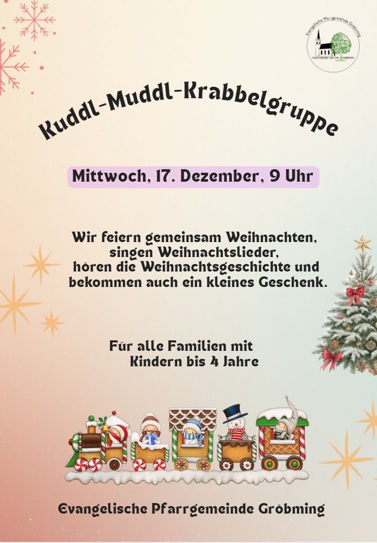 Eine Anzeige für eine Weihnachtsveranstaltung mit dem Titel 'KuddI-MuddI-Rabblegruppe'. Es ist Mittwoch, der 17. Dezember, um 9 Uhr. Es beinhaltet Weihnachtslieder, eine Geschichte und ein kleines Geschenk. Für Familien mit Kindern bis zu 4 Jahren. Illustration eines weihnachtlich geschmückten Zuges.