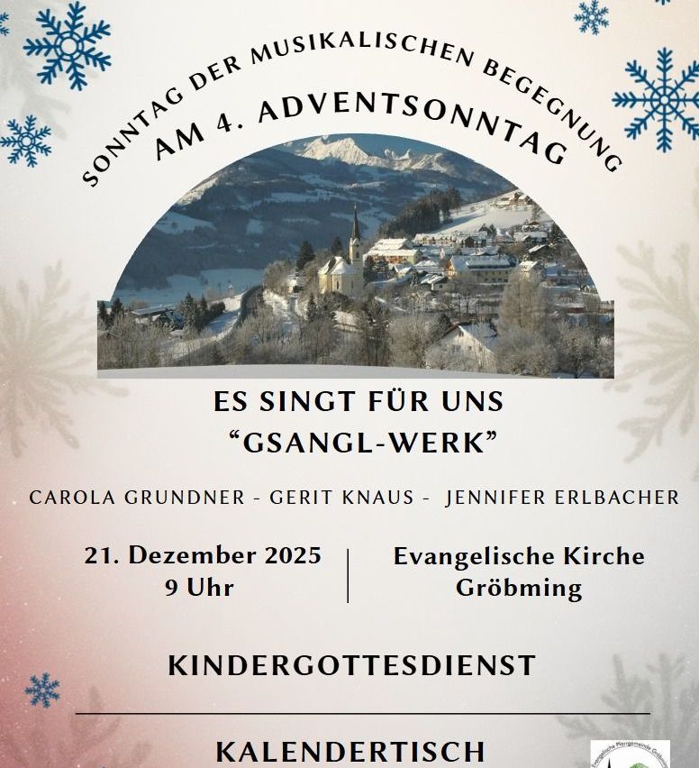 Plakat für einen musikalischen Adventssonntag. Es zeigt ein verschneites Dorf und die Namen der Künstler. Der Termin ist am 21. Dezember 2025 um 21 Uhr in der Evangelischen Kirche Gröbming.