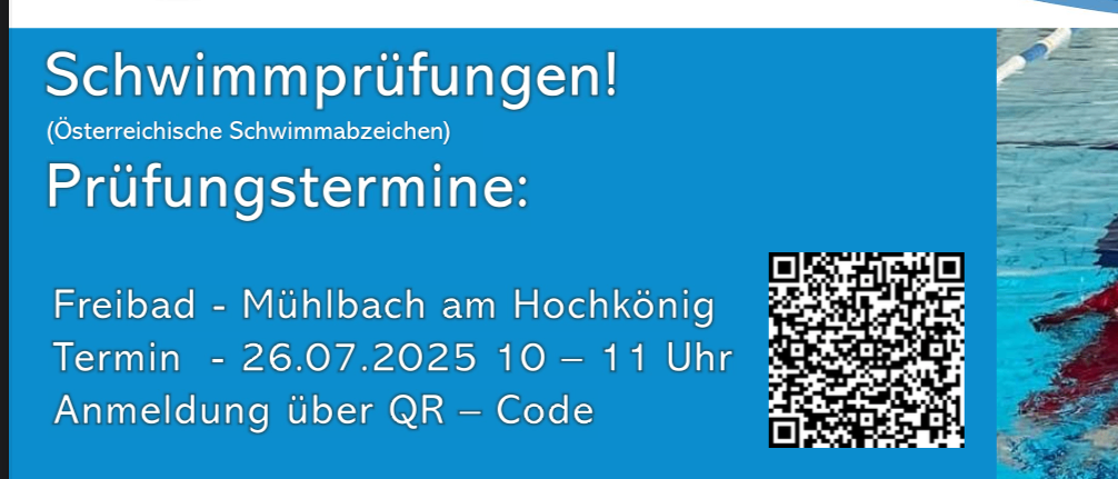 Plakat für Schwimmprüfungen. Vier Termine und Orte sind aufgeführt. Jeder hat einen QR-Code für die Anmeldung. Die Kosten betragen 30 Euro.