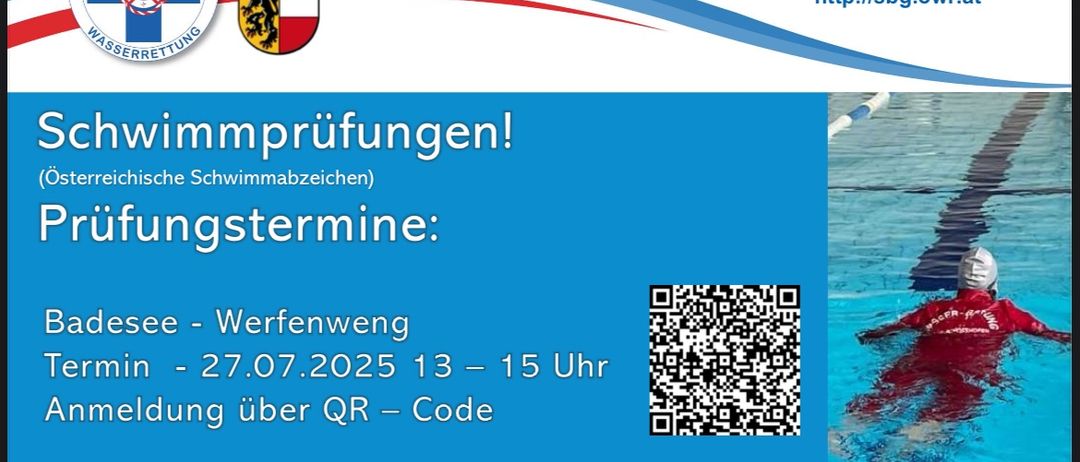 Österreichischer Wasserrettungsverband, Ortsstelle Bischofshofen, veranstaltet Schwimmabzeichenprüfungen am 27.07.2025 von 13 bis 15 Uhr. Scannen Sie den QR-Code für weitere Informationen.