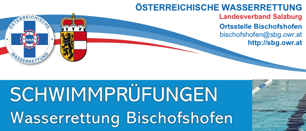 Eine Ankündigung für Schwimmprüfungen in Bischofshofen und Werfen am 23. August 2025. Die Veranstaltung steht allen offen, keine Anmeldung erforderlich. Nur bei Badewetter.