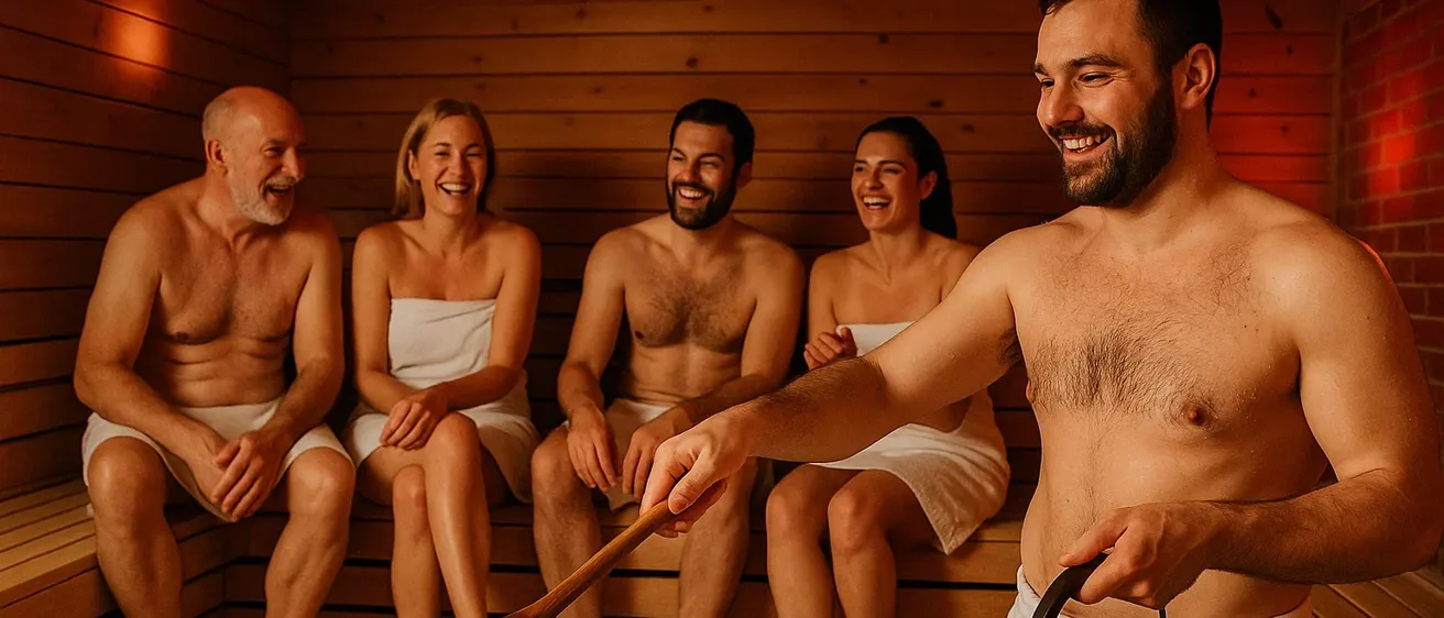 Eine Gruppe von Menschen in einer Sauna, sie lächeln. Ein Mann hält einen Holzlöffel und einen Eimer. Die Sauna besteht aus Holz und der Boden ist mit Steinen bedeckt.