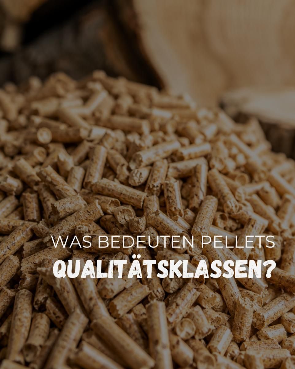 Ein Haufen brauner Holzpellets mit dem Text 'WAS BEDEUTEN PELLETS QUALITATSKLASSEN?' in weißer Schrift.