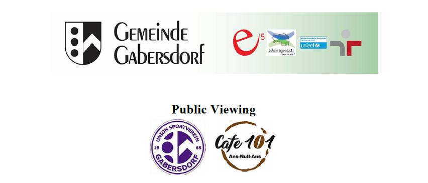 Eine Werbung für das UEFA Champions League Finale 2025, am Samstag, 31. Mai 2025, live aus der Allianz Arena in München. Es zeigt Logos von Gemeinde Gabersdorf, Public Viewing und Cafe 101.