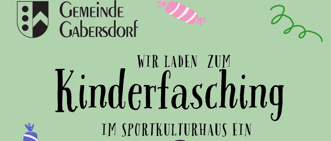 Plakat für die Kinderfasching-Veranstaltung am Samstag, 07.02.2026, von 14.00 bis 17.00 Uhr. Das Plakat zeigt drei farbenfrohe Charaktere, Luftballons und Süßigkeiten. Der Text auf Deutsch lädt alle ein, teilzunehmen.