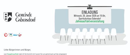 Eine Einladung zur Jahresauftaktveranstaltung im Sportkulturhaus Gabersdorf. Die Veranstaltung findet am Mittwoch, 28. Jänner 2026 um 19 Uhr statt. Teilnehmer können einen Rückblick auf Erreichtes und einen inspirierenden Abend erwarten.