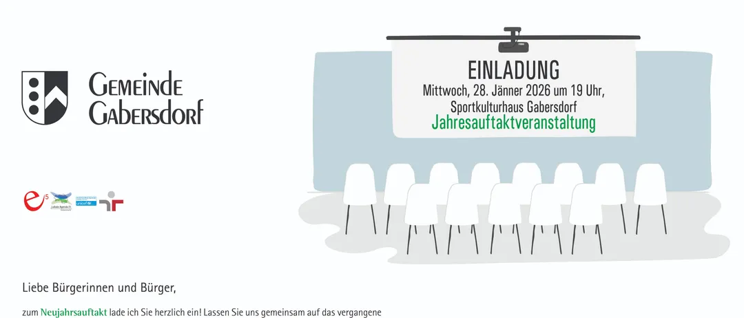 Eine Einladung zur Jahresauftaktveranstaltung im Sportkulturhaus Gabersdorf. Die Veranstaltung findet am Mittwoch, 28. Jänner 2026 um 19 Uhr statt. Teilnehmer können einen Rückblick auf Erreichtes und einen inspirierenden Abend erwarten.