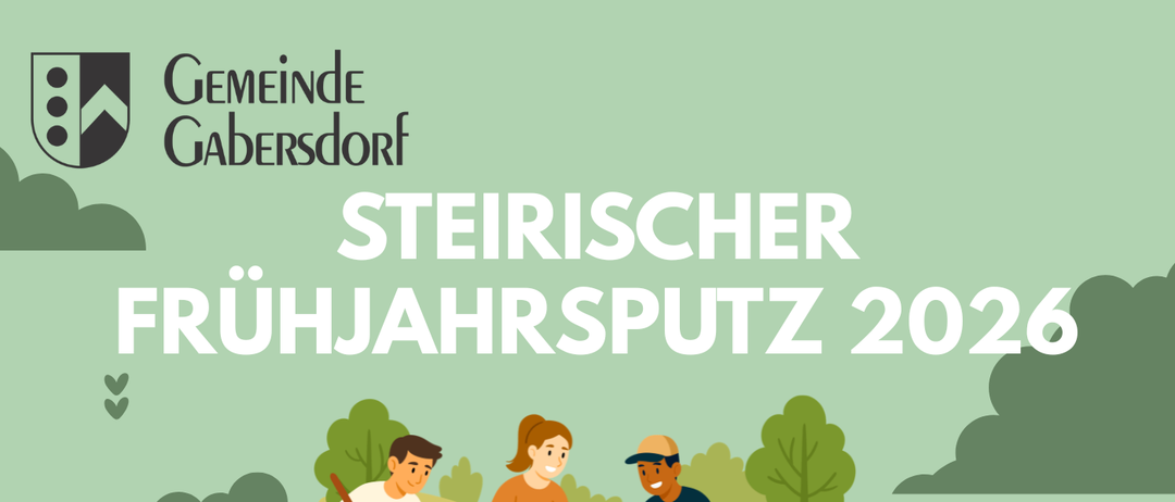 Ein Bild für die Aktion 'Steirischer Frühjahrsputz 2026' zeigt Menschen beim Saubermachen. Es listet Treffpunkte auf und eine Zeit von 09:00 bis 11:00. Es ruft alle zur Teilnahme auf.
