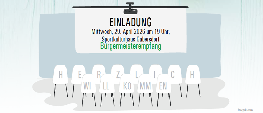 Ein Einladungsposter für die Bürgermeisterwahl in der Gahersdorfer Sporthalle am 29. April 2026 um 19 Uhr. Es zeigt eine Liste von Kandidaten mit ihren Initialen.