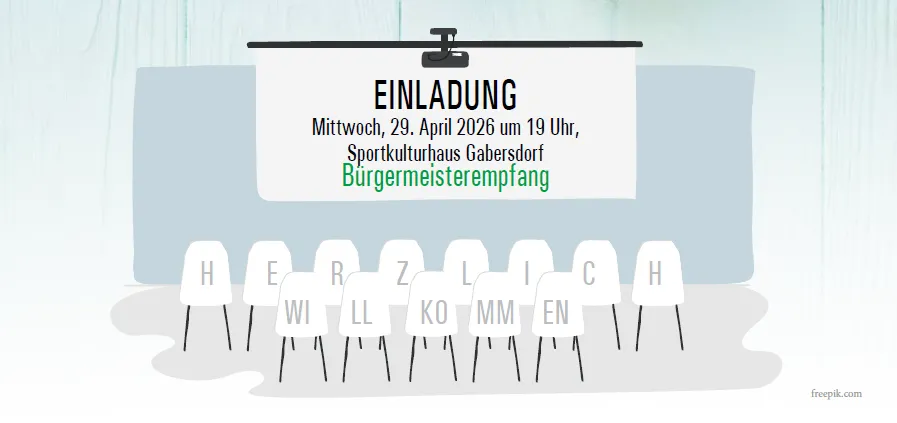 Ein Einladungsposter für die Bürgermeisterwahl in der Gahersdorfer Sporthalle am 29. April 2026 um 19 Uhr. Es zeigt eine Liste von Kandidaten mit ihren Initialen.
