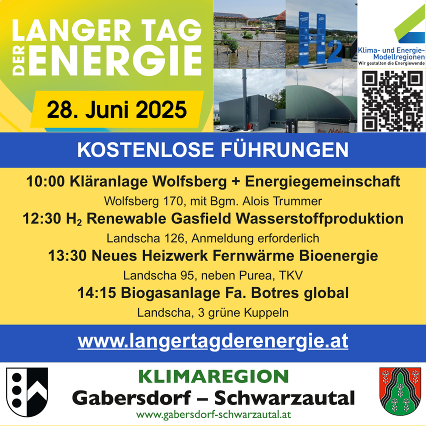 Plakat für den Langen Tag der Energie am 28. Juni 2025. Es enthält einen Zeitplan für kostenlose Führungen, beginnend um 10:00 Uhr bei Klaranlage Wolfsberg + Energiegemeinschaft. Das Plakat enthält einen QR-Code und eine Website-Verknüpfung.