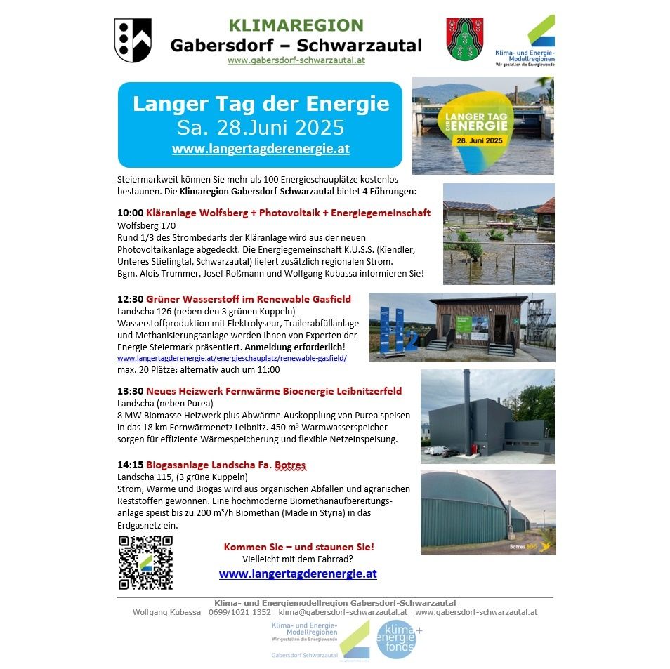 Die Klimaregion Gabersdorf-Schwarzautal veranstaltet am 28. Juni 2025 einen langen Energietag. Vier Führungen werden angeboten, darunter eine Tour durch die Kläranlage Wolfsberg, eine Photovoltaikanlage und eine Energiegenossenschaft. Weitere Führungen umfassen die Produktion von erneuerbarem Gasfeld, ein Biomassekraftwerk und eine Biogasanlage.