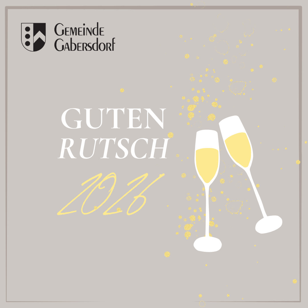 Eine Werbung für eine Gemeinde, Gemeinde Gäbersdorf, mit zwei Champagnerflöten mit goldener Flüssigkeit, den Worten 'GUTEN RUTSCh 2023' und einem golden gepunkteten Hintergrund.