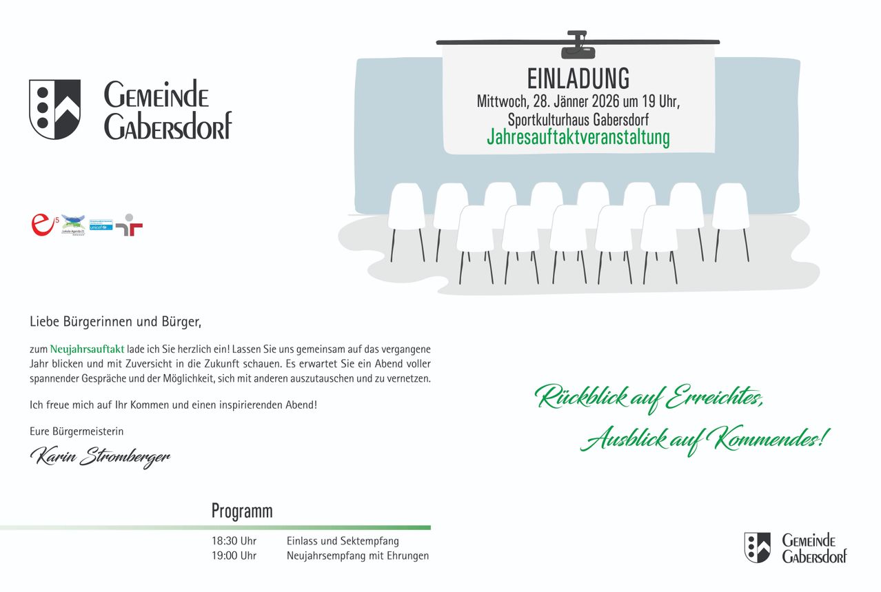 Eine Einladung zur Jahresauftaktveranstaltung im Sport- und Kulturzentrum Gabersdorf am 28. Januar 2026 um 19 Uhr. Das Plakat zeigt einen leeren Raum mit Stühlen und einer Projektionsfläche. Das Programm umfasst ein Einlass und ein Settanz um 18:30 Uhr, gefolgt von einem Neujahrsempfang mit Erfrischungen um 19:00 Uhr.