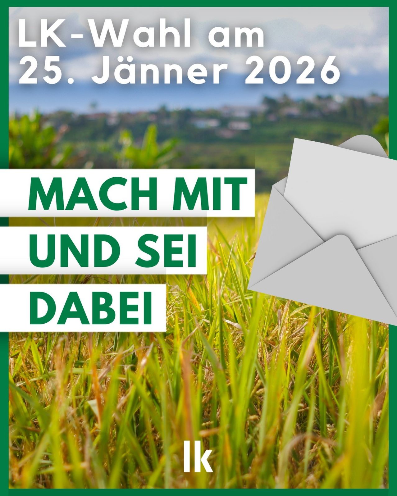 Plakat mit dem Datum '25. Januar 2026' und der Aufforderung 'MACH MIT UND SEI DABEI' in Grün. Ein Briefumschlag liegt auf einem Grasfeld mit einer Landschaft im Hintergrund.