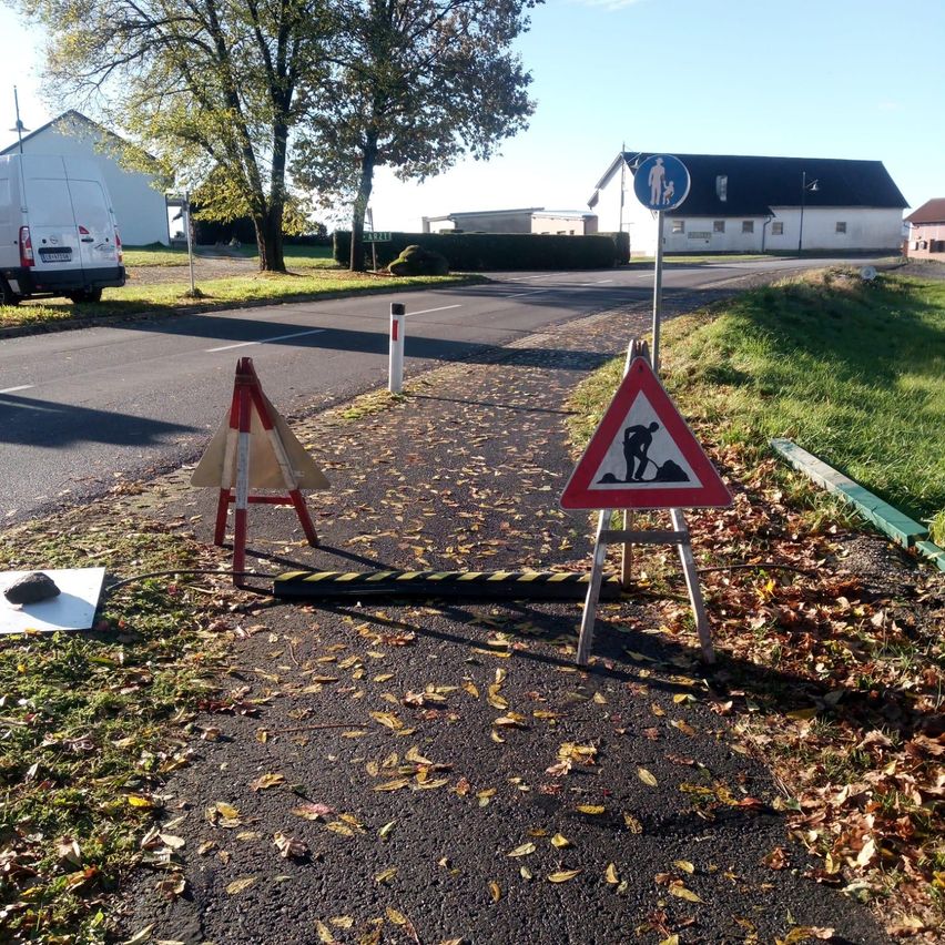Straßenrand mit gefallenen Blättern, einem dreieckigen Schild, das auf Bauarbeiten hinweist, einem weißen Schild mit Fußgängersymbol und einem geparkten weißen Lieferwagen im Hintergrund.