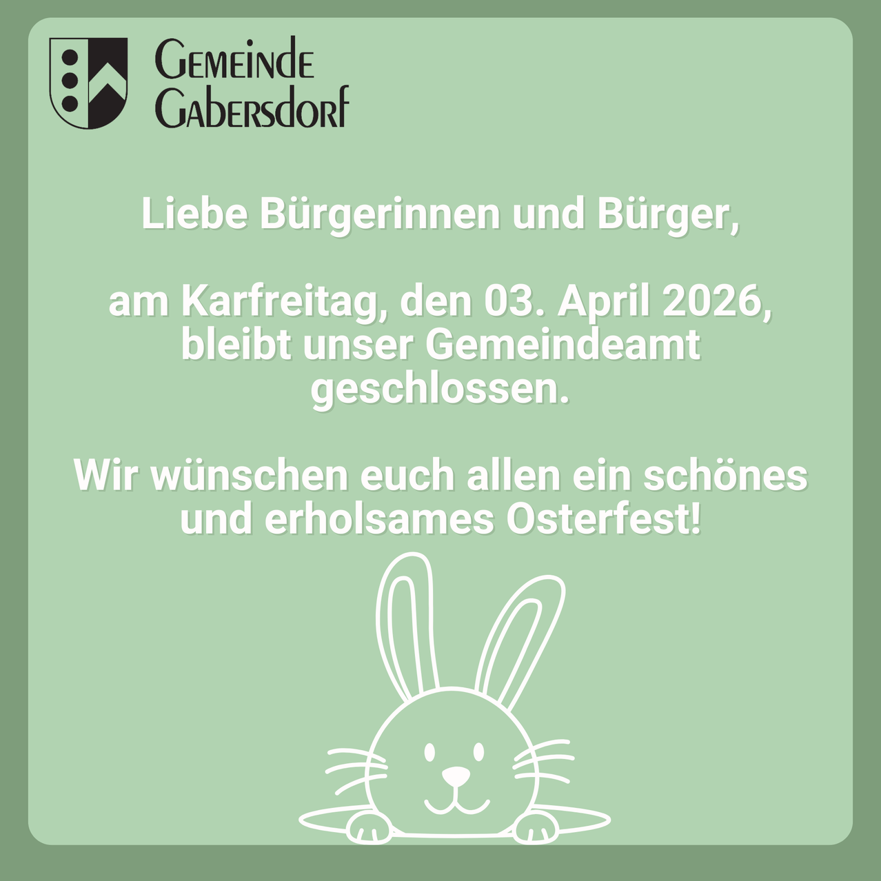 Postcard from Gemeinde Gabersdorf, announcing that the community office will be closed on Easter Monday, April 3, 2026, and wishing everyone a lovely Easter holiday.