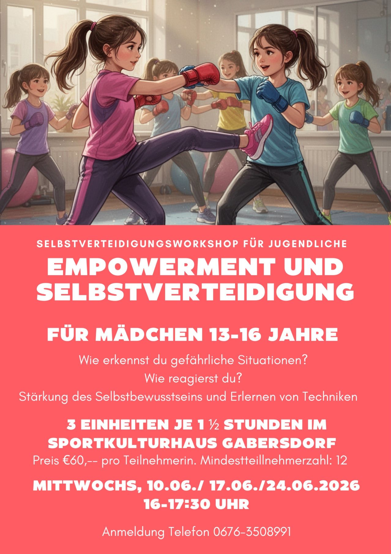 An illustrated poster with girls practicing boxing in a gym. The text emphasizes empowerment and self-defense for girls aged 13-16, including details about the workshop, location, and cost.