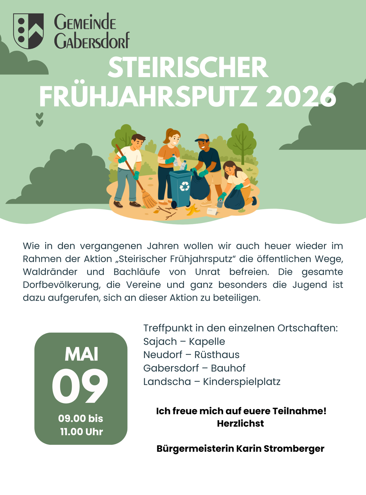 Das Bild zeigt ein Plakat für den 'Steirischen Frühjahrsputz 2026'. Es zeigt Menschen beim Reinigen und nennt Treffpunkte an verschiedenen Orten. Es lädt die Gemeinschaft zur Teilnahme ein.