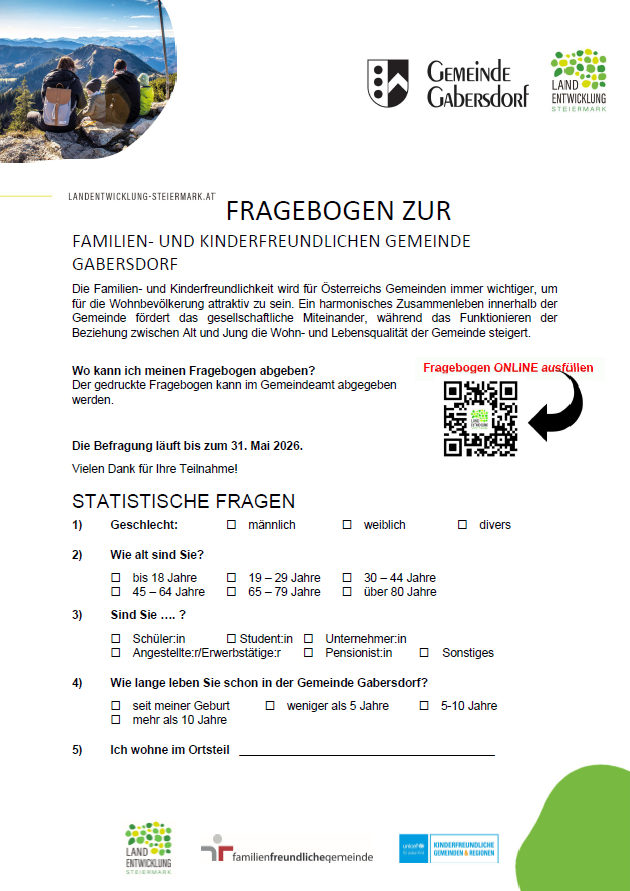 A questionnaire from the Gabersdorf Municipality for family and child-friendly communities. It includes sections on gender, age, occupation, and duration of residence in the community. The survey runs until May 31, 2026.