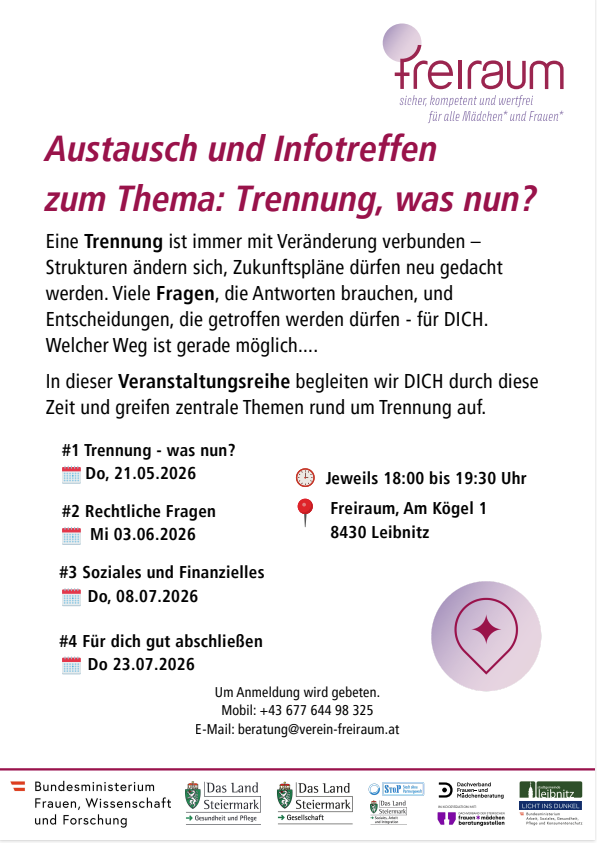 An advertisement poster for an event series about separation. It includes a schedule of events, dates, and contact information. Registration is required.