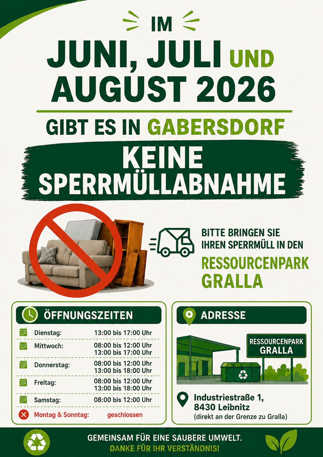 Im August 2026 gibt es in Gabersdorf keine Abfallsammlung. Bringen Sie Ihren Abfall zum Ressourcenpark Gralla. Öffnungszeiten und Adressen sind angegeben.