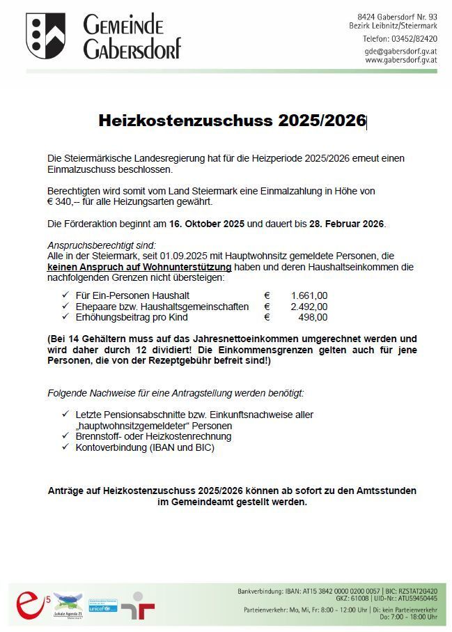 The Styrian Provincial Government has decided on an advance payment for the heating period 2025/2026. A lump sum of 340 euros will be paid for all heating types. The application period runs from October 16, 2025, to February 28, 2026. Eligible are those with a registered principal residence in Styria since 01.09.2025, with no outstanding claims and household income below the specified limits.