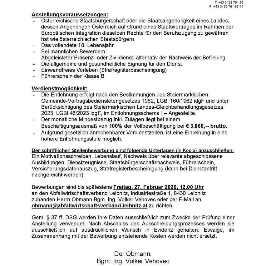 Job posting for Austrian civil servants or those from a country with which Austria has a treaty under EU integration. Requirements include Austrian citizenship, completed 18 years, male gender, or proof of exemption, general and health suitability for service, clean criminal record, and a Class B driving license. Salary based on Styrian collective agreements. Applications accepted until February 27, 2026, 12:00 PM.