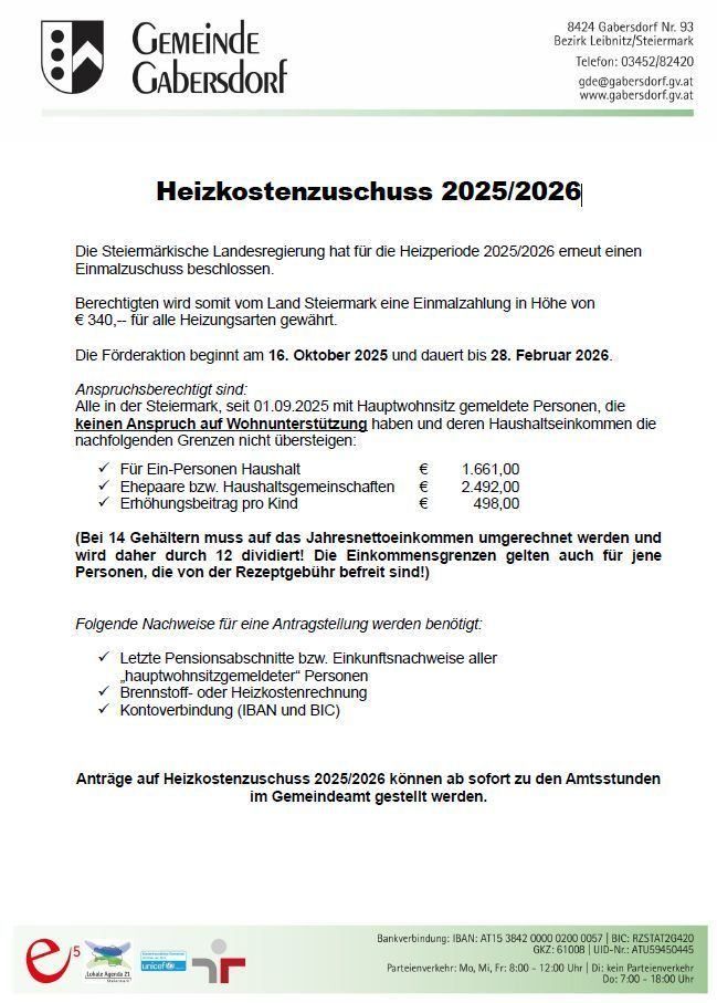 Die steirische Landesregierung hat für die Heizperiode 2025/2026 einen Einmalzuschuss beschlossen. Berechtigt sind Personen mit Hauptwohnsitz in der Steiermark, die seit 01.09.2025 gemeldet sind und keinen Anspruch auf Wohnbeihilfe haben. Der Zuschuss beginnt am 16. Oktober 2025 und endet am 28. Februar 2026.