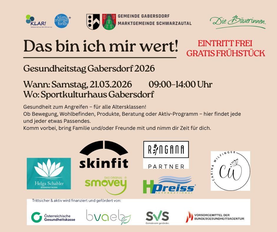 Plakat für den Gesundheitstag in Gabersdorf 2026. Eintritt frei und kostenloses Frühstück. Aktivitäten für alle Altersklassen. Samstag, 21.03.2026, 09:00-14:00 Uhr. Ort: Sportkulturhaus Gabersdorf.