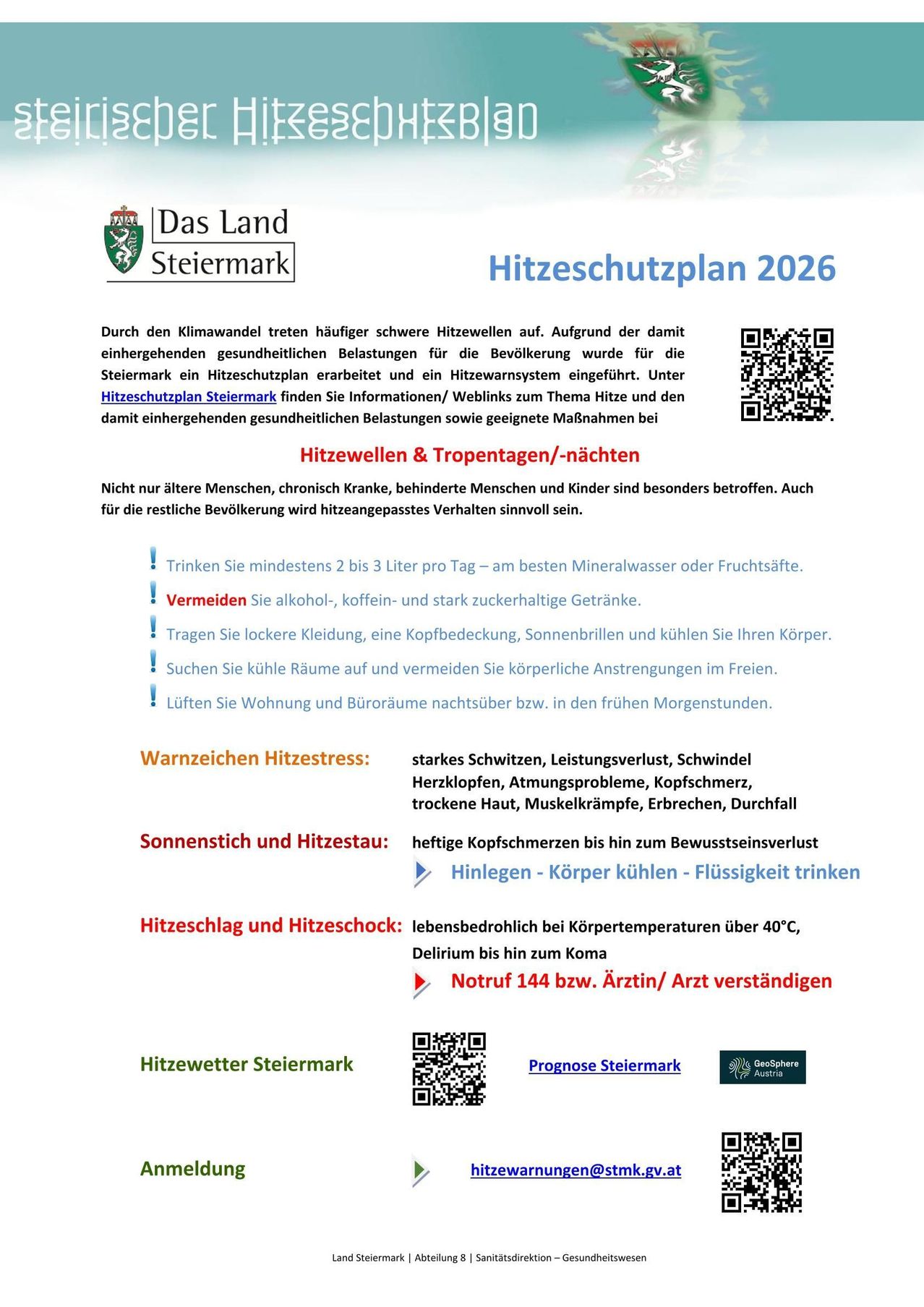 Hitzeschutzplan 2026 für Steiermark, Österreich. Es enthält Informationen zu Hitzewellen, Hitzewarnungen und Gesundheitshinweise für gefährdete Gruppen. QR-Codes für weitere Details.