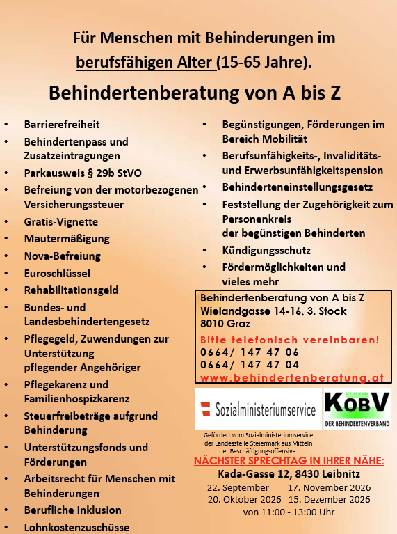 Ein Plakat, das Behindertenberatung von A bis Z anbietet, listet Vorteile und Unterstützung für Menschen mit Behinderungen im Alter von 15-65 Jahren auf. Es enthält Informationen zu Mobilität, Vorteilen und gesetzlichen Rechten. Kontaktdetails und bevorstehende Beratungstermine werden bereitgestellt.