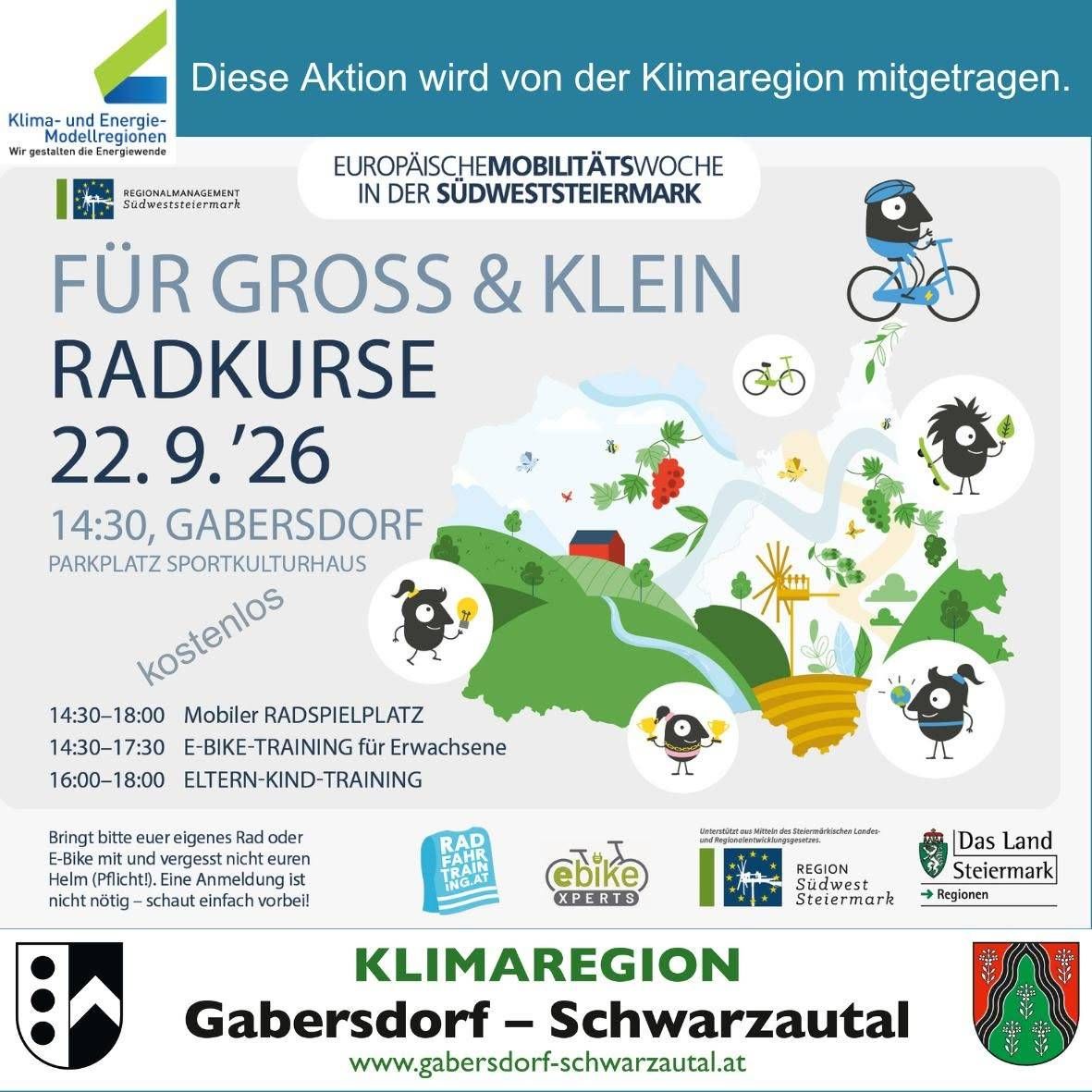 Poster for a free bike training event in Gabersdorf, organized by Klimaregion, on September 22, 2026. Features a map, bicycles, and icons of activities.