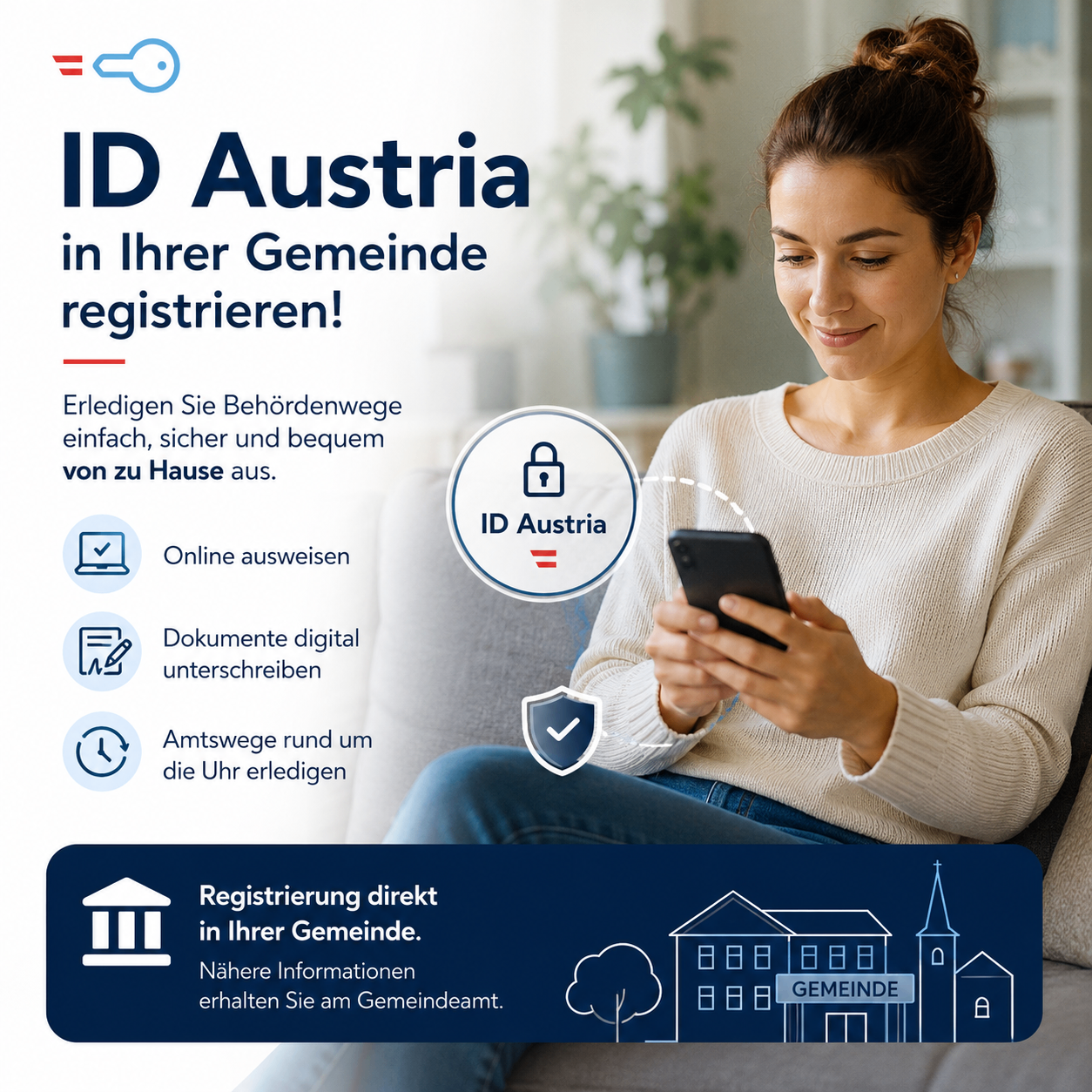Eine lächelnde Frau nutzt ihr Handy für den Zugriff auf ID Austria und zeigt eine Werbung für digitale Registrierung und Dokumentenunterzeichnung. Symbole repräsentieren Online-Anzeige, digitale Dokumentenunterzeichnung und Büroabläufe.