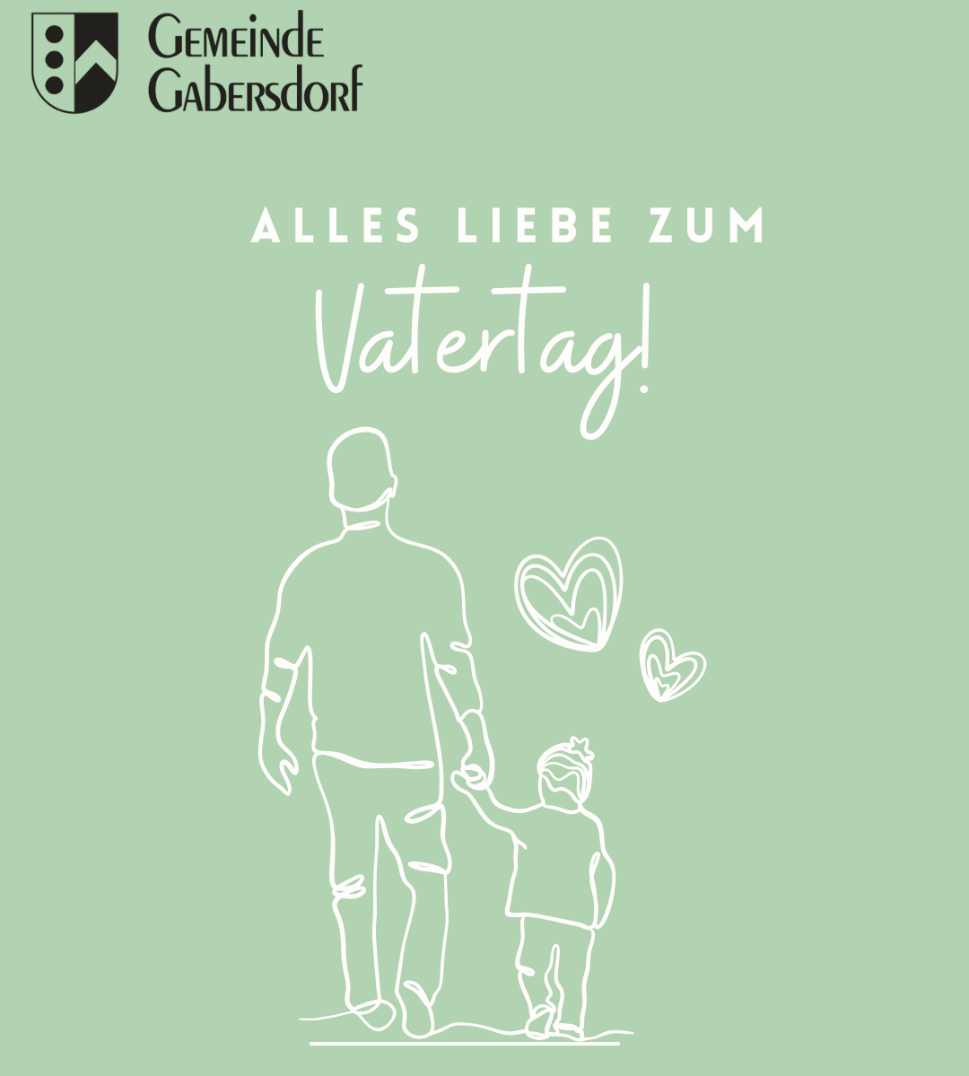 Ein Poster mit einem Vater und Kind, die Händchen halten. Der Text lautet 'Alles Liebe zum Vatertag!' in Deutsch.