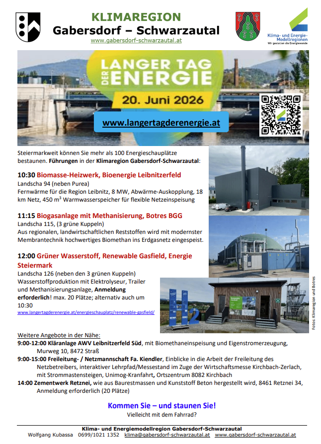 Energie-Langtag-Poster für 2026 mit Energiestandorten in Gabersdorf-Schwarzau. Veranstaltungen umfassen Biomasse-Heizwerk, Bioenergie Leibnitzerfeld, Biogasanlage mit Methanisierung, Botres BGG und Grüner Wasserstoff. Zeitplan: 10:30, 11:15, 12:00, 10:30. Anmeldung erforderlich. Besuchen Sie www.langertagderenergie.at für weitere Informationen.