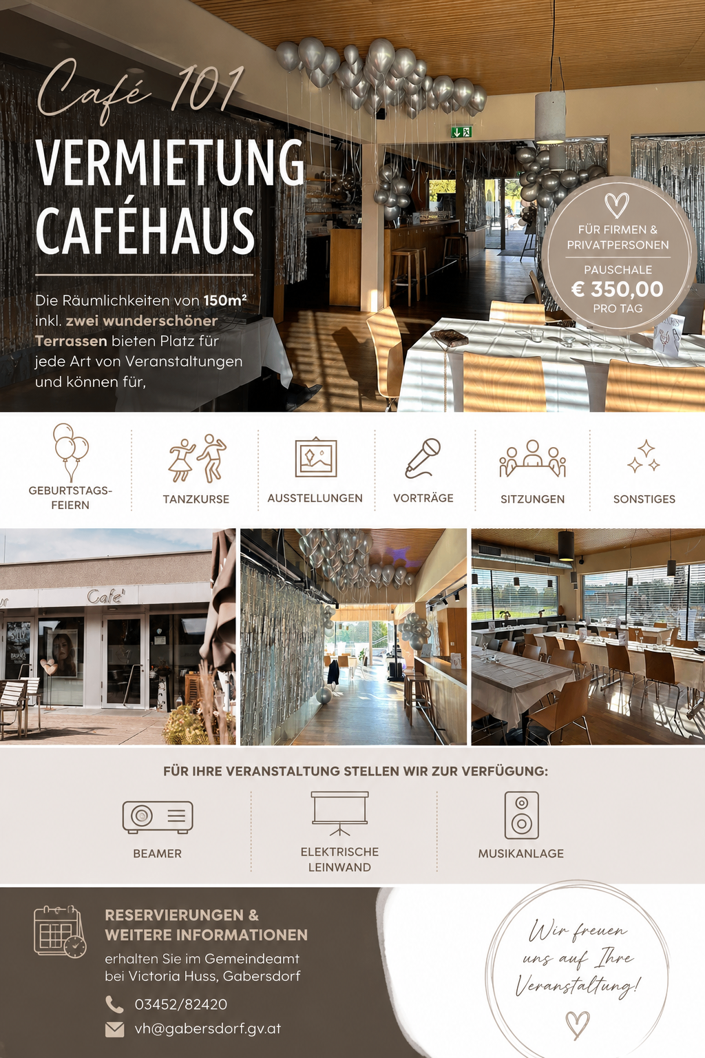 The venue offers 150m² of space, including two beautiful terraces, suitable for all types of events. Special packages for companies and private individuals.
