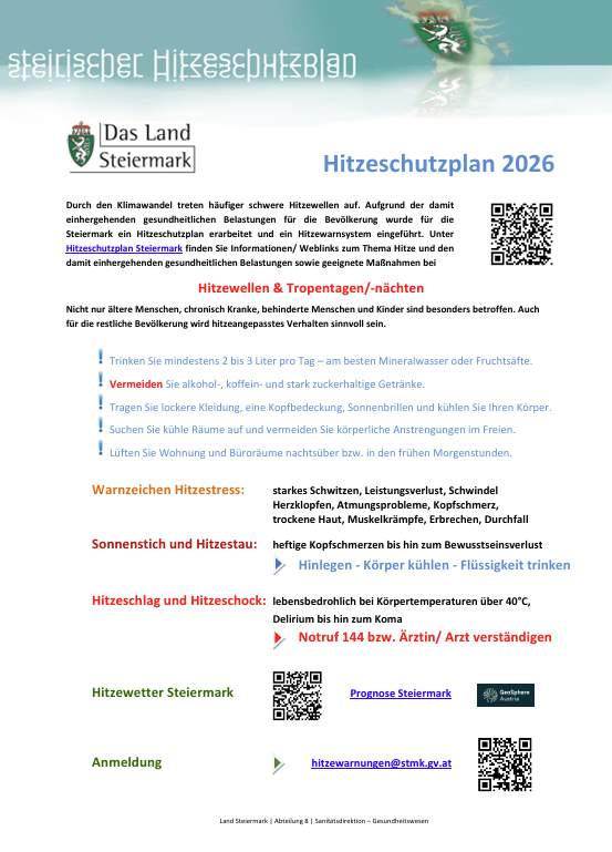 The image shows the 'Styrrian Heat Protection Plan 2026' with information about heat waves, symptoms of heat stress, and measures to take. It includes a QR code for further information.