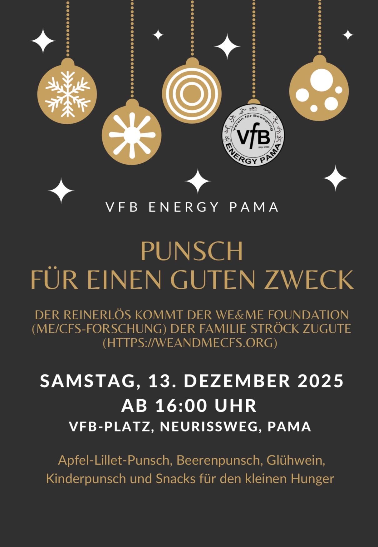 Plakat für VFB Energy Pama-Veranstaltung. Es steht 'Punsch für einen guten Zweck'. Datum: Samstag, 13. Dezember 2025. Zeit: 16:00 Uhr. Ort: VFB-Platz, Neurissweg, Pama. Getränke: Apfel-Lilet-Punsch, Beerenpunsch, Glühwein.
