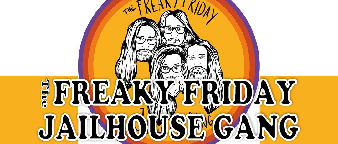 Ein kreisförmiges Logo mit vier stilisierten männlichen Figuren mit langen Haaren und Bärten, die Brillen tragen, vor einem lebhaften gelben und lila Farbverlaufshintergrund mit dem Text 'The Freaky Friday' darüber und 'Grillhouse' darunter.