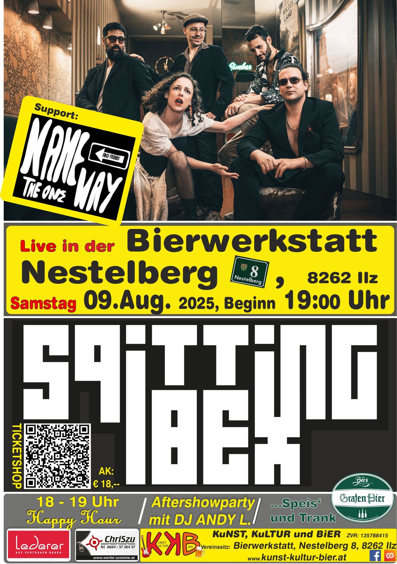 Plakat für eine Live-Veranstaltung mit Spitting Bea in der Bierwerkstatt Nestleberg. Das Event findet am 9. August 2025 um 19:00 Uhr statt. Der Veranstaltungsort befindet sich in 8262 Illz. QR-Code für Tickets auf der linken Seite.