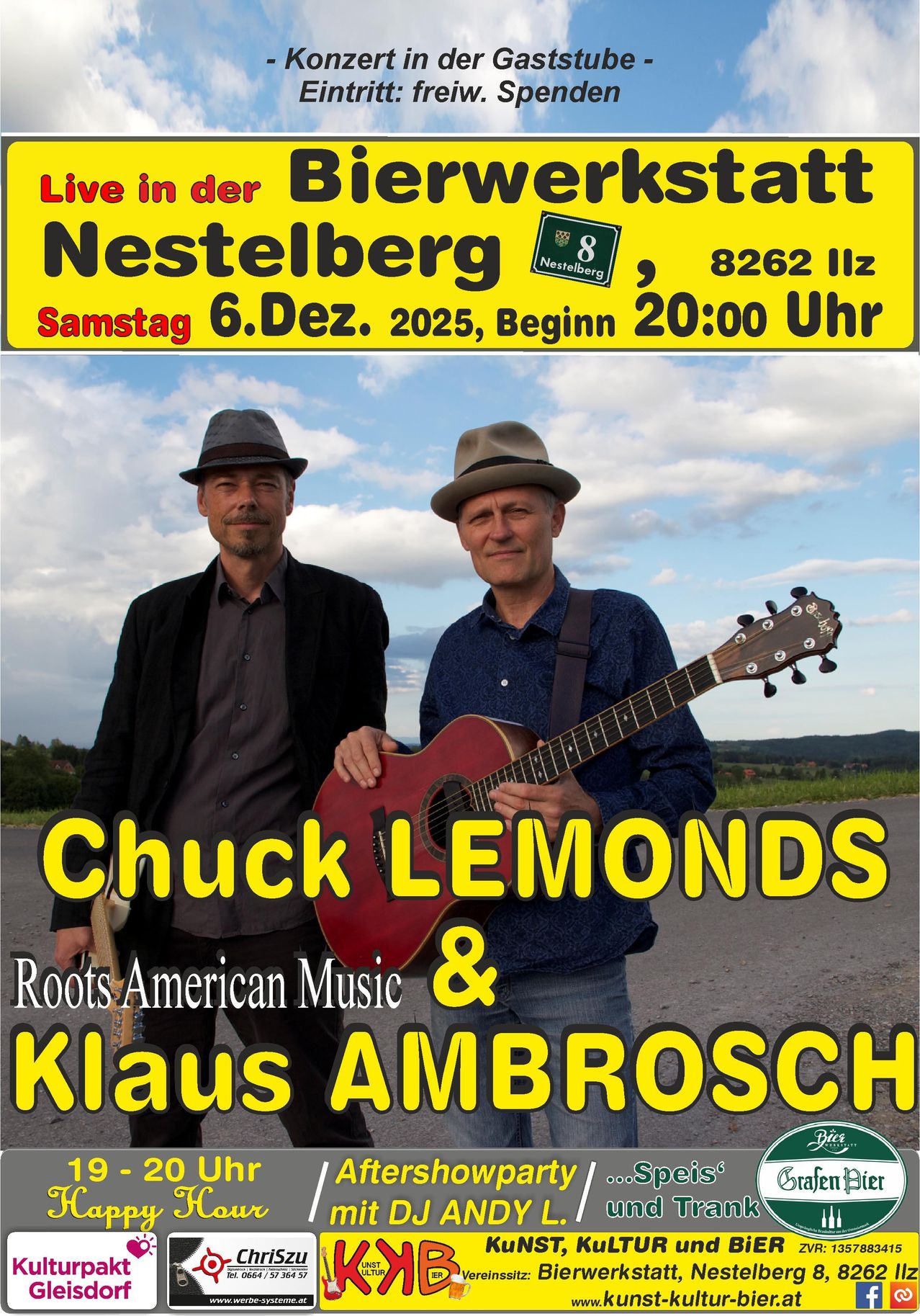 Chuck Lemonds und Klaus Ambrosch treten am 6. Dezember 2025 ab 20:00 Uhr in Nestelberg auf.