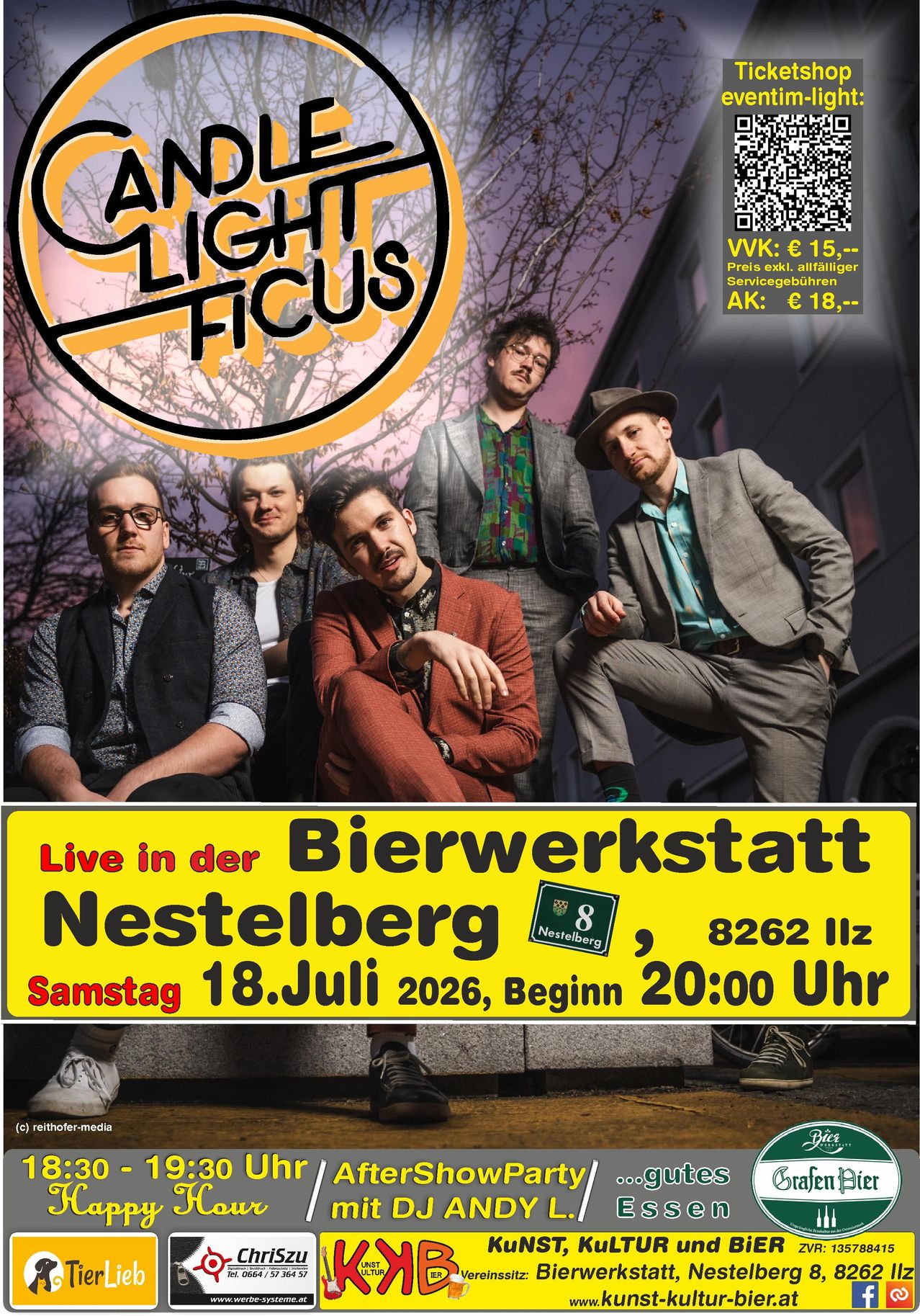 Poster for a live event featuring the band Light Ficus at the Bierwerkstatt Nestelberg. The band members are posing in front of a building with a QR code for ticket purchase. The event is scheduled for Saturday, July 18, 2026, starting at 20:00.