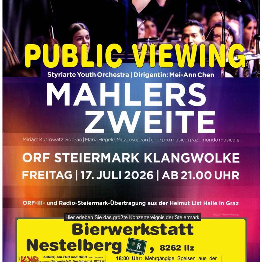 Poster for a public viewing of Mahler's Symphony No. 2, featuring the Styrian Youth Orchestra, conducted by Mei-Ann Chen. Dated for July 17, 2026, with Miriam Kutrowatz and Maria Hegele as soloists.