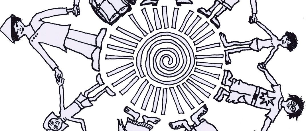 Eine Schwarz-Weiß-Zeichnung zeigt einen Kreis von Kindern, die Händchen halten. Ein Kind sitzt im Rollstuhl. Der Kreis ist um ein Sonnensymbol zentriert.