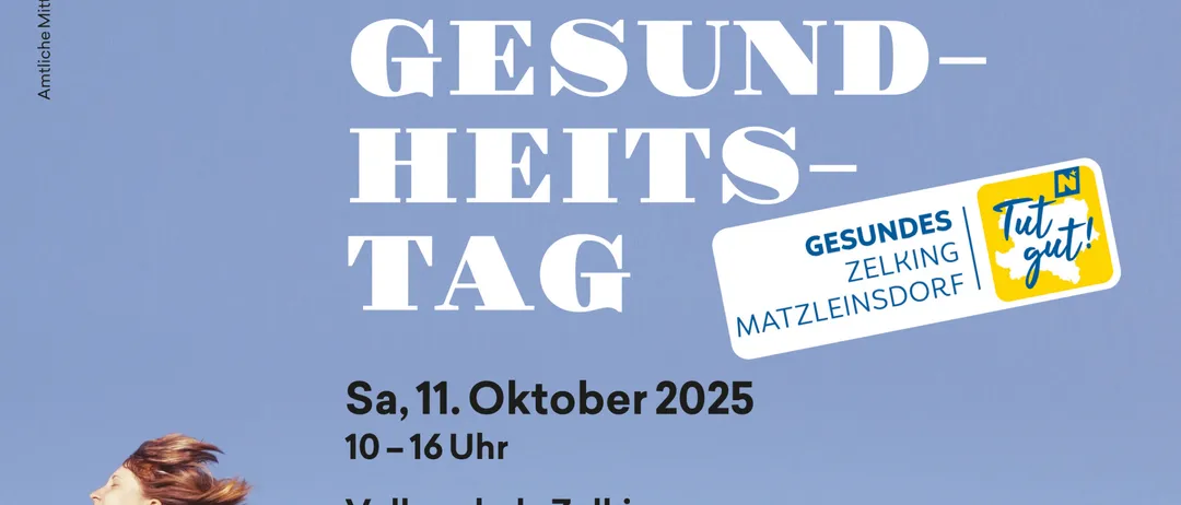 Plakat für den Gesundheitstag an der Volksschule Zelking am 11. Oktober 2025. Es zeigt eine Frau in einem weißen Kleid, die zum Publikum spricht. Die Veranstaltung umfasst Vorträge und Workshops zu Gesundheitsthemen.
